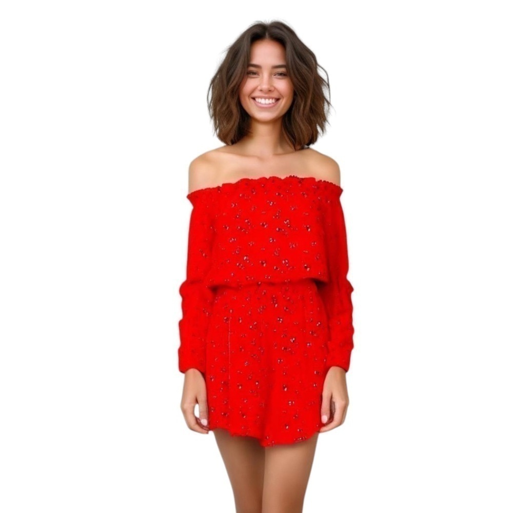 Kendall & Kylie Red Floral Off-Shoulder Romper - Size Women’s M